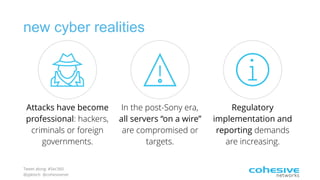 Tweet along: #Sec360
@pjktech @cohesivenet
new cyber realities
Attacks have become
professional: hackers,
criminals or foreign
governments.
In the post-Sony era,
all servers “on a wire”
are compromised or
targets.
Regulatory
implementation and
reporting demands
are increasing.
 