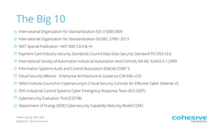 Tweet along: #Sec360
@pjktech @cohesivenet
The Big 10
International Organization for Standardization ISO 31000:2009
International Organization for Standardization ISO/IEC 27001 2013
NIST Special Publication NIST 800-53r3 & r4
Payment Card Industry Security Standards Council Data Data Security Standard PCI DSS v3.0
International Society of Automation Industrial Automation And Controls ISA-IAC 62443-2-1:2009
Information Systems Audit and Control Association (ISACA) COBIT 5
Cloud Security Alliance - Enterprise Architecture & Guidance CSA EAG v3.0
SANS Institute Council on Cybersecurity's Critical Security Controls for Eﬀective Cyber Defense v5
DHS Industrial Control Systems Cyber Emergency Response Team (ICS-CERT)
Cybersecurity Evaluation Tool (CSET®)
Department of Energy (DOE) Cybersecurity Capability Maturity Model C2M2
 