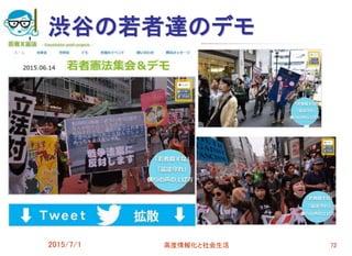 渋谷の若者達のデモ
2015/7/1 高度情報化と社会生活 72
 