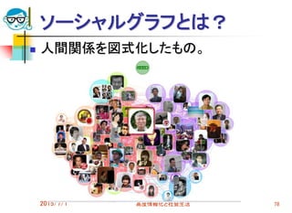 ソーシャルグラフとは？
 人間関係を図式化したもの。
2015/7/1 高度情報化と社会生活 78
 