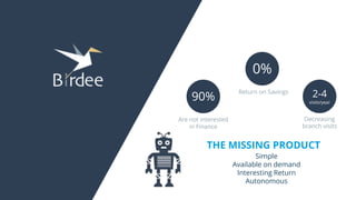 0%
Return on Savings
2-4
visits/year
Decreasing
branch visits
90%
Are not interested
in Finance
THE MISSING PRODUCT
Simple...