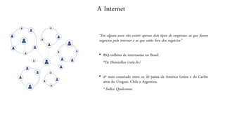 A Internet 
“Emalgunsanosvãoexistirapenasdoistiposdeempresas:asquefazemnegóciospelainterneteasqueestãoforadosnegócios’’ 
•89,5milhõesdeinternautasnoBrasil. 
*TicDomicílios(cetic.br) 
•4ºmaisconectadoentreos20paísesdaAméricaLatinaedoCaribeatrásdoUruguai,ChileeArgentina. 
*ÍndiceQualcomm  