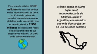 En el mundo existen 3.196
millones de usuarios activos
en las redes sociales, es decir,
un 42% de la población
mundial encuentran en estas
plataformas la interacción con
el mundo, de ellos 2.958
millones acceden a las redes
sociales por medio de sus
dispositivos móviles, un 39%
de la población mundial.
México ocupa el cuarto
lugar en el
mundo (después de
Filipinas, Brasil y
Argentina) con usuarios
que más tiempo gastan
en uso de redes sociales.
 