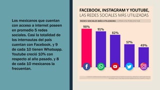 Los mexicanos que cuentan
con acceso a internet poseen
en promedio 5 redes
sociales. Casi la totalidad de
los internautas del país
cuentan con Facebook, y 9
de cada 10 tienen Whatsapp.
Youtube creció 10% con
respecto al año pasado, y 8
de cada 10 mexicanos la
frecuentan.
 