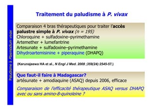 Traitement du paludisme à P. vivax

                               Comparaison 4 bras thérapeutiques pour traiter l’accès
                               palustre simple à P. vivax (n = 195)
Paludisme à Plasmodium vivax




                               Chloroquine + sulfadoxine–pyrimethamine
                               Artemether + lumefantrine
                               Artesunate + sulfadoxine–pyrimethamine
                               Dihydroartemisinine + piperaquine (DHAPQ)

                               (Karunajeewa HA et al., N Engl J Med. 2008 ;359(24):2545-57.)


                               Que faut-il faire à Madagascar?
                               artésunate + amodiaquine (ASAQ) depuis 2006, efficace
                               Comparaison de l’efficacité thérapeutique ASAQ versus DHAPQ
                               avec ou sans amino-8-quinoleine ?
 