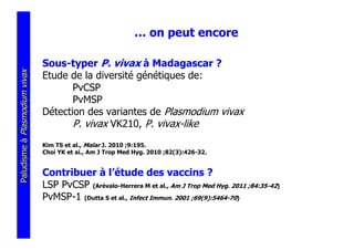 … on peut encore

                               Sous-typer P. vivax à Madagascar ?
Paludisme à Plasmodium vivax




                               Etude de la diversité génétiques de:
                                      PvCSP
                                      PvMSP
                               Détection des variantes de Plasmodium vivax
                                      P. vivax VK210, P. vivax-like
                               Kim TS et al., Malar J. 2010 ;9:195.
                               Choi YK et ai., Am J Trop Med Hyg. 2010 ;82(3):426-32.


                               Contribuer à l’étude des vaccins ?
                               LSP PvCSP (Arévalo-Herrera M et al., Am J Trop Med Hyg. 2011 ;84:35-42)
                               PvMSP-1 (Dutta S et al., Infect Immun. 2001 ;69(9):5464-70)
 