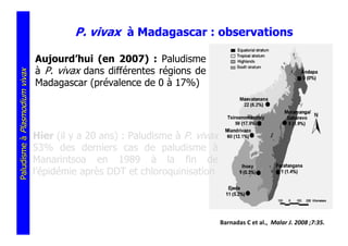 P. vivax à Madagascar : observations

                               Aujourd’hui (en 2007) : Paludisme
                               à P. vivax dans différentes régions de
Paludisme à Plasmodium vivax




                               Madagascar (prévalence de 0 à 17%)




                               Hier (il y a 20 ans) : Paludisme à P. vivax
                               53% des derniers cas de paludisme à
                               Manarintsoa en 1989 à la fin de
                               l’épidémie après DDT et chloroquinisation




                                                                             Barnadas C et al., Malar J. 2008 ;7:35.
 