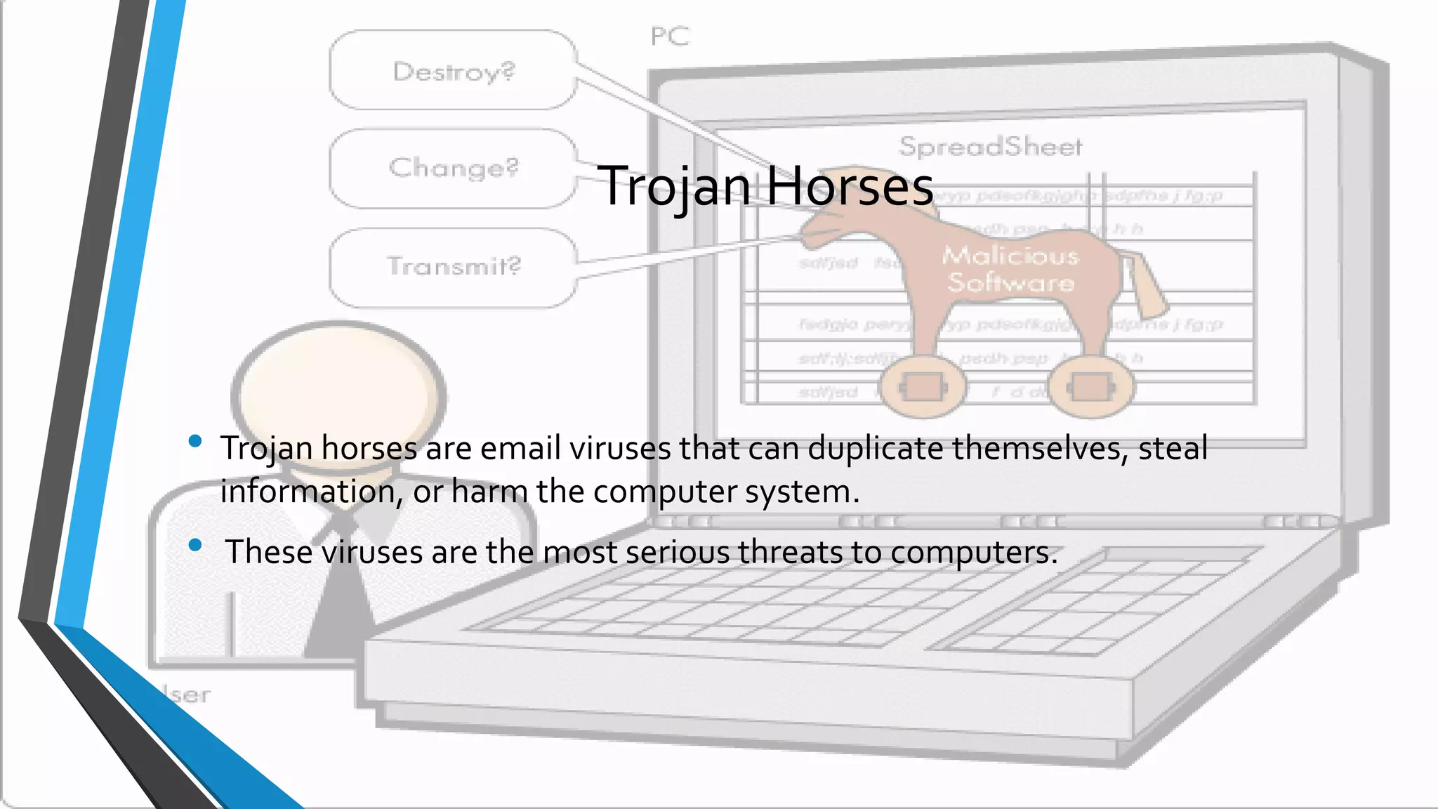 Trojan Horses
• Trojan horses are email viruses that can duplicate themselves, steal
information, or harm the computer system.
• These viruses are the most serious threats to computers.
 