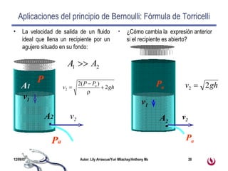 Aplicaciones del principio de Bernoulli: Fórmula de Torricelli La velocidad de salida de un fluido ideal que llena un recipiente por un agujero situado en su fondo: ¿Cómo cambia la  expresión anterior  si el recipiente es abierto? A 1 P a v 2 P A 2 v 1 A 1 P a v 2 P a v 1 A 2 