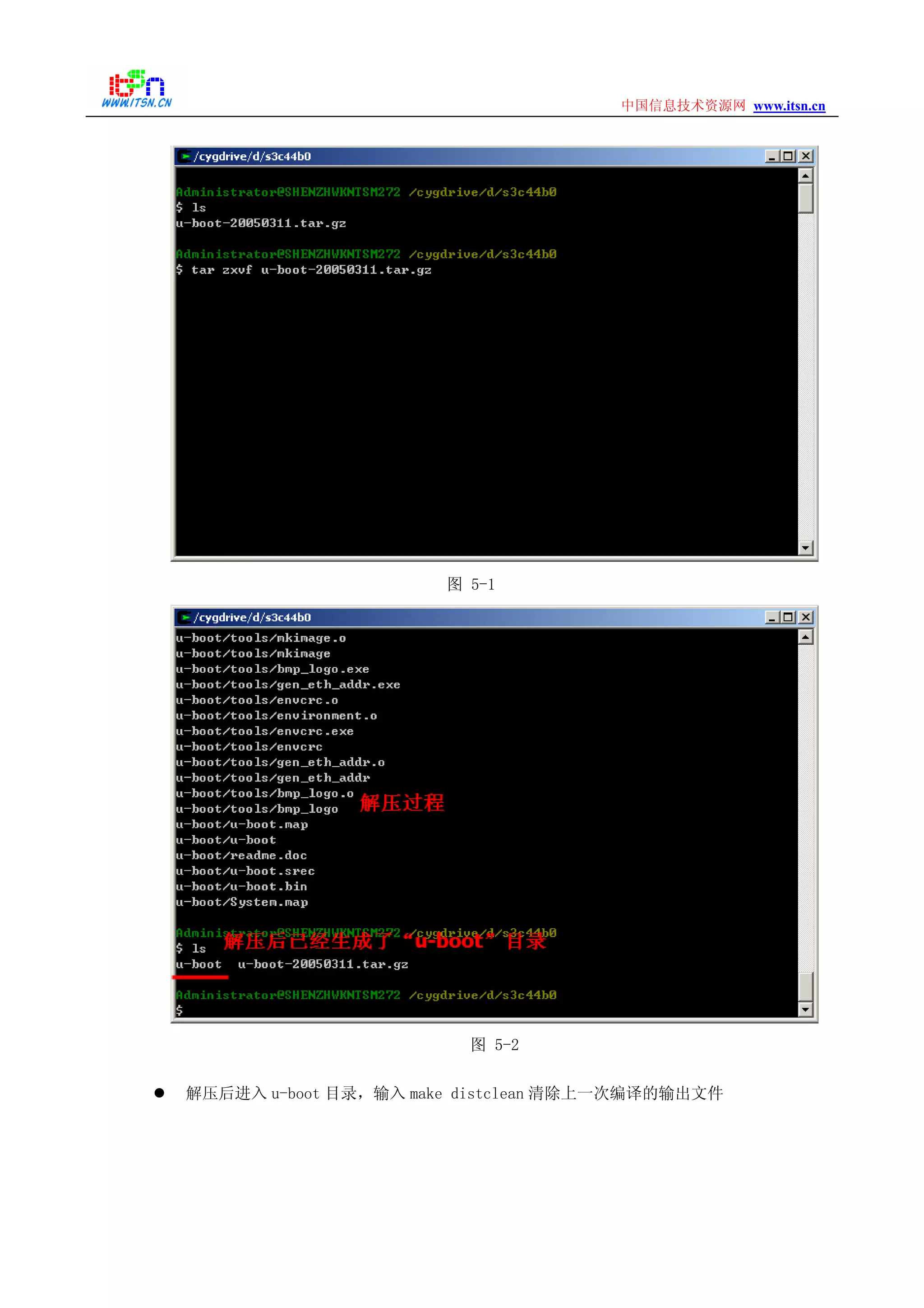 www.itsn.cn中国信息技术资源网
图 5-1
图 5-2
解压后进入 u-boot 目录，输入 make distclean 清除上一次编译的输出文件
 