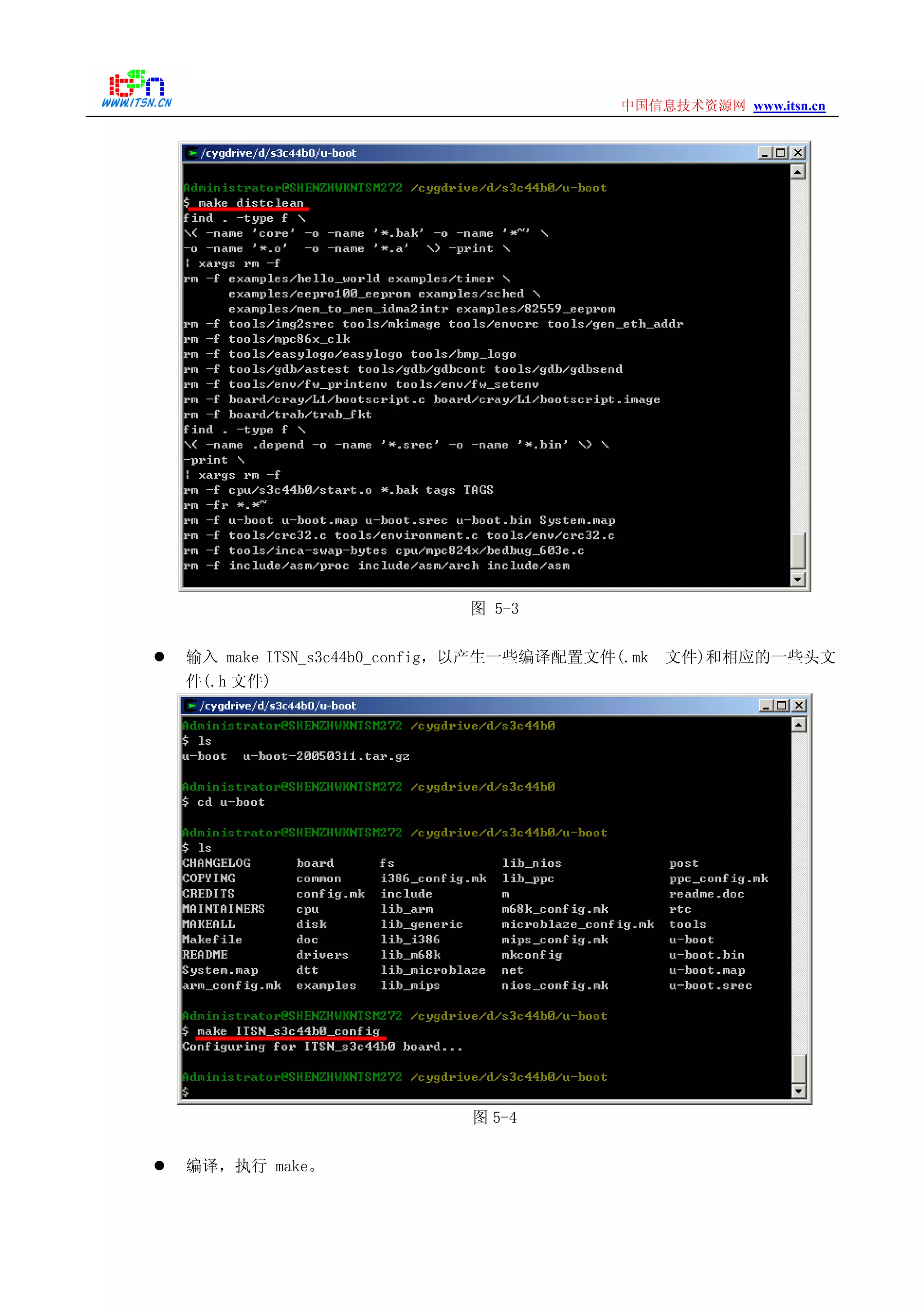 www.itsn.cn中国信息技术资源网
图 5-3
输入 make ITSN_s3c44b0_config，以产生一些编译配置文件(.mk 文件)和相应的一些头文
件(.h 文件)
图 5-4
编译，执行 make。
 