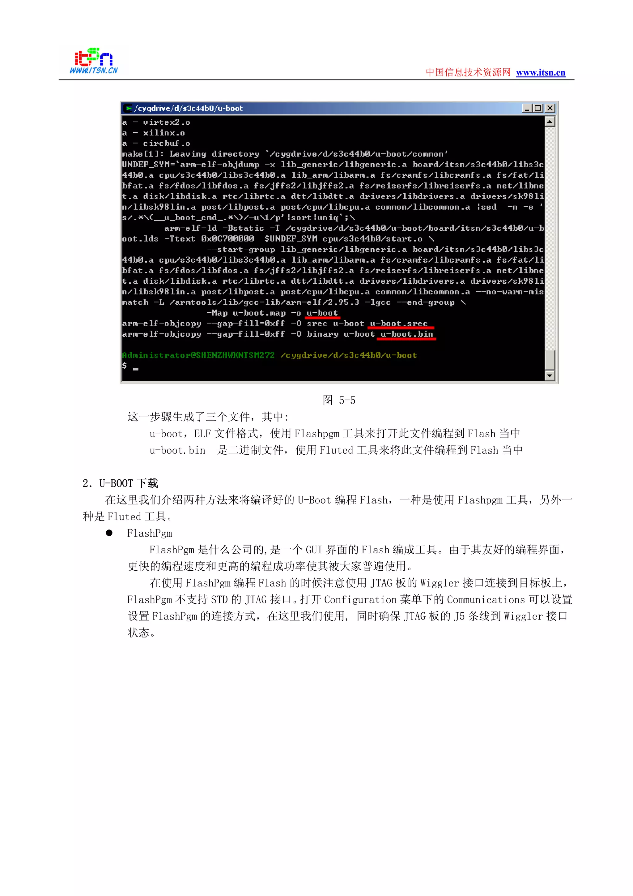 www.itsn.cn中国信息技术资源网
图 5-5
这一步骤生成了三个文件，其中:
u-boot，ELF 文件格式，使用 Flashpgm 工具来打开此文件编程到 Flash 当中
u-boot.bin 是二进制文件，使用 Fluted 工具来将此文件编程到 Flash 当中
2．U-BOOT 下载
在这里我们介绍两种方法来将编译好的 U-Boot 编程 Flash，一种是使用 Flashpgm 工具，另外一
种是 Fluted 工具。
FlashPgm
FlashPgm 是什么公司的,是一个 GUI 界面的 Flash 编成工具。由于其友好的编程界面，
更快的编程速度和更高的编程成功率使其被大家普遍使用。
在使用 FlashPgm 编程 Flash 的时候注意使用 JTAG 板的 Wiggler 接口连接到目标板上，
FlashPgm 不支持 STD 的 JTAG 接口。打开 Configuration 菜单下的 Communications 可以设置
设置 FlashPgm 的连接方式，在这里我们使用, 同时确保 JTAG 板的 J5 条线到 Wiggler 接口
状态。
 
