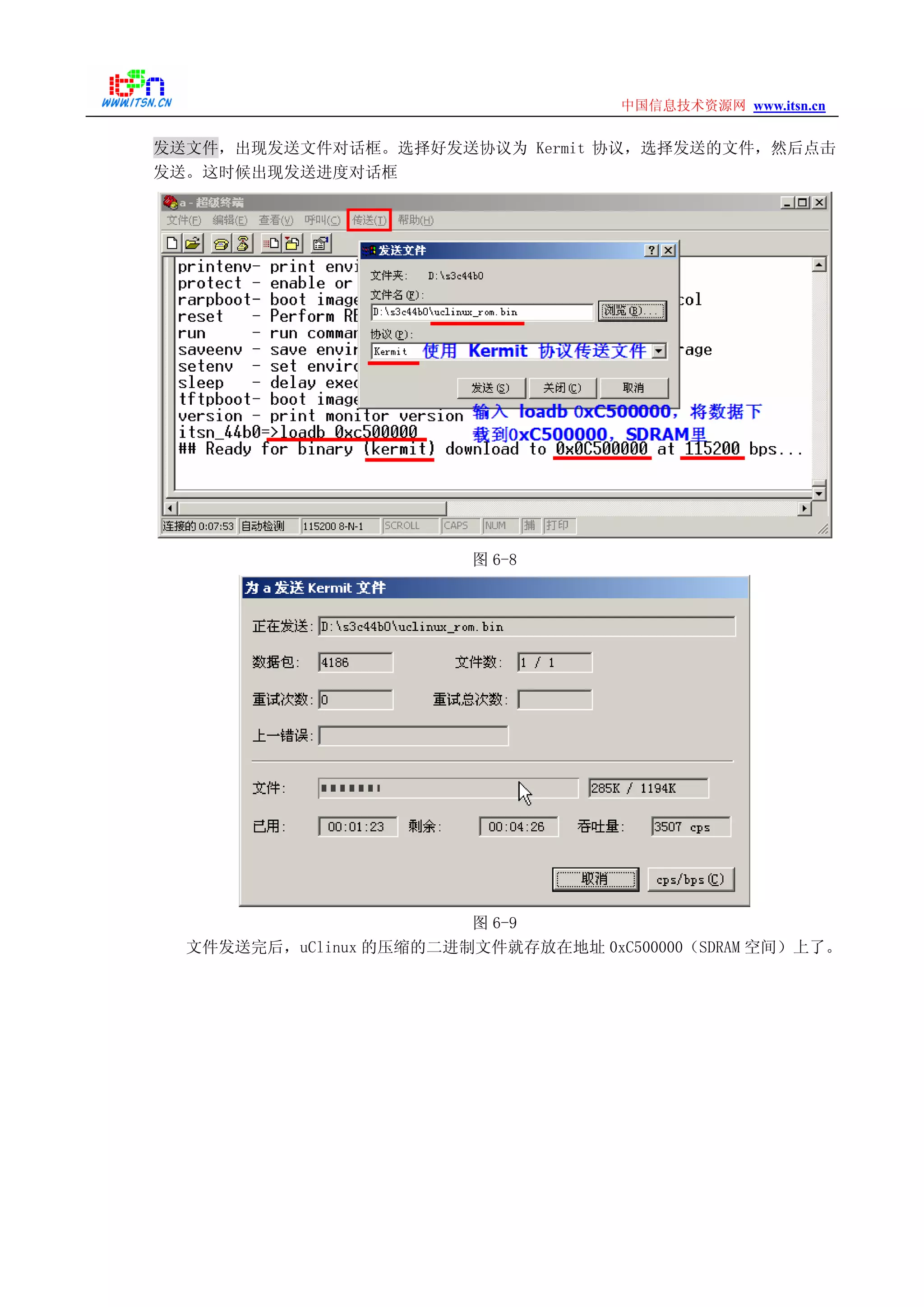 www.itsn.cn中国信息技术资源网
发送文件，出现发送文件对话框。选择好发送协议为 Kermit 协议，选择发送的文件，然后点击
发送。这时候出现发送进度对话框
图 6-8
图 6-9
文件发送完后，uClinux 的压缩的二进制文件就存放在地址 0xC500000（SDRAM 空间）上了。
 