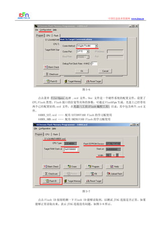 www.itsn.cn中国信息技术资源网
图 5-6
点击菜单 File-Open 选择 .ocd 文件。Ooc 文件是一个硬件系统的配置文件，设置了
CPU,Flash 类型，Flash 接口的位宽等具体的参数，可通过 FlashPgm 生成。光盘上已经带有
两个已经配置好的.ocd 文件，在光盘:工具Flash 编程工具 目录，其中包含两个.ocd 文
件。
44B0X_SST.ocd —— 配有 SST39VF160 Flash 的学习板使用
44B0X_AMD.ocd —— 配有 AM29LV160 Flash 的学习板使用
图 5-7
点击 Flash ID 按钮检测一下 Flash ID 能够读取到，以测试 JTAG 连接是否正常。如果
能够正常读取出来，表示 JTAG 连接没有问题，如图 5-8 所示。
 