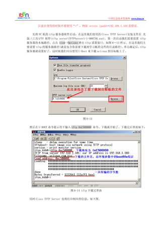 www.itsn.cn中国信息技术资源网
注意在使用的时候不要使用“=”，例如 setenv ipaddr=192.168.1.104 是错误。
先将 PC 机的 tftp 服务器软件启动，在这里我们使用的 Cisco TFTP Server(安装文件在 光
盘:工具FTP 软件tftp serverTFTPServer1-1-980730.exe)。第一次启动我们需要设置 tftp
服务器的本地路径，点击 view->Options 弹出 tftp 设置窗口，如图 6－13 所示。在这里我们主
要设置 tftp 的服务器路径(就是包含你需要下载到学习板的文件的目录路径)。单击确定后，tftp
服务器就设置好了，这时候我们可以使用 U-Boot 来下载 uclinux 到目标板上了。
图 6-13
然后在 U-BOOT 命令提示符下输入 tftp 0xC500000 命令，下载就开始了。下载完后界面如下：
图 6-14 tftp 下载完界面
同时 Cisco TFTP Server 也将打印相应的信息，如下图。
 