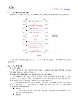 www.itsn.cn中国信息技术资源网
七、 开发板的地址空间分配
S3C44B0 一共支持 8 个空间 BANK，每一个 BANK 是 32M。开发板的空间分配系统地址空间分配如下：
Flash 2M
0x00000000~0x001fffff
特殊功能寄存器(4M字节)
nGCS0
Philip USB PDIUSBD12nGCS1
硬盘
RTL8019网卡
保留(ROM,SROM...)
保留(ROM,SROM...)
nGCS2
nGCS3
nGCS4
nGCS5
SDRAM 8M
0x0C000000~0x0C800000
nGCS6
保留(ROM,SRAM,SDRAM)nGCS7
BANK0
BANK1
256M空间
SA[27:0]
BANK2
BANK3
BANK4
BANK5
BANK6
BANK7
图 7-1
从空间上看，学习板已经使用了 BANK0，1，2，3，6，剩下的 BANK4，5 和 BANK7 可以用来扩展
我们的外设。
八、 FAQ 常见问题
1．串口没有输出
答：S3C44B0 学习板一共有两个串口，COM0 与 COM1 口。程序默认的打印输出是 COM0
口，确认与 PC 串口向量的是 COM0 口。
2. 连接串口后，超级终端打印出 U-Boot 提示信息，但是却不能输入
答：S3C44B0 学习板子提供了一根直连的串口线（直连串口线的 RX，TX 脚，也就是 2，3 脚没
有交叉），在出厂之间已经经过测试，应该没有问题。学习板的串口也已经经过测试，应该也不会有
问题，问题可能出在 PC 机的串口。我们可按照以下步骤来排查原因。
打开超级终端软件，按照正常的方法设置(8N1，无流量控制，波特率无所谓)，断开与学习板相连
的串口，然后将其 RX，TX，短接，也就是 2，3 脚短接，然后在 PC 上键入任意字符，看超级终端软
件是否能够回显我们键入的字符
能够回显
表示我们的串口线与 PC 机的串口都是没有问题，那问题就是出在学习板的串口上，如
果是这样，请及时和我们联系。
不能回显
 