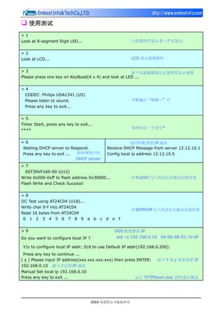 使用测试
>1
Look at 8-segment Digit LED...                                八段数码管显示 0 – F 后退出


>2
Look at LCD...                                                LCD 显示规则图形


>3                                                   按下实验板键盘后在数码管显示键值
Please press one key on KeyBoad(4 x 4) and look at LED ...


>4
 CODEC: Philips UDA1341 (U5)
 Please listen to sound.                                      不断输出 ”嘀嘀…” 声
 Press any key to exit...


>5
Timer Start, press any key to exit...
                                                              每秒打印一个符号*
****


>6                                                          返回所配置的 IP 地址
Waiting DHCP server to Respond.                 Receive DHCP Message from server 12.12.10.1
Press any key to exit ... 侦听网络中的                Config local ip address 12.12.10.5
                          DHCP server
>7
  SST39VF160-90 (U12)
Write 0x000-0xff to flash address 0x30000...                  对 FLASH 写入再读出并输出比较结果
Flash Write and Check Success!


>8
IIC Test using AT24C04 (U18)...
Write char 0-f into AT24C04
                                                              对 EEPROM 写入再读出并输出比较结果
Read 16 bytes from AT24C04
 0 1 2 3 4 5 6 7 8 9 a                  b   c   d   e    f


>9                                                  DOS 配置静态 IP
Do you want to configure local IP ?                     arp –s 192.168.0.10    00-06-98-01-7e-8f

 Y/y to configure local IP addr; D/d to use Default IP addr(192.168.0.200).
 Press any key to continue ...
( y ) Please input IP address(xxx.xxx.xxx.xxx) then press ENTER:              按下 Y 或 y 重新设置 IP
192.168.0.10 输入合法的 IP 地址
Manual Set local ip 192.168.0.10
Press any key to exit ...                                       运行 TFTPDown.exe 软件进行测试




                                      2004 英蓓特公司版权所有
 