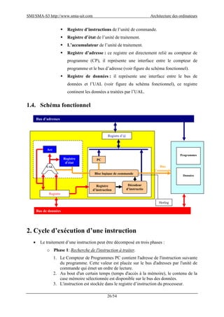 SMI/SMA-S3 http://www.smia-uit.com Architecture des ordinateurs
26/54
 Registre d’instructions de l’unité de commande.
 Registre d’état de l’unité de traitement.
 L’accumulateur de l’unité de traitement.
 Registre d’adresse : ce registre est directement relié au compteur de
programme (CP), il représente une interface entre le compteur de
programme et le bus d’adresse (voir figure du schéma fonctionnel).
 Registre de données : il représente une interface entre le bus de
données et l’UAL (voir figure du schéma fonctionnel), ce registre
continent les données a traitées par l’UAL.
1.4. Schéma fonctionnel
2. Cycle d’exécution d’une instruction
 Le traitement d’une instruction peut être décomposé en trois phases :
o Phase 1: Recherche de l'instruction à traiter.
1. Le Compteur de Programmes PC contient l'adresse de l'instruction suivante
du programme. Cette valeur est placée sur le bus d'adresses par l'unité de
commande qui émet un ordre de lecture.
2. Au bout d'un certain temps (temps d'accès à la mémoire), le contenu de la
case mémoire sélectionnée est disponible sur le bus des données.
3. L'instruction est stockée dans le registre d’instruction du processeur.
Bus d’adresses
Bus de données
Programmes
Données
Acc
Registre
d’état
UAL
Registre
Données
Registre d’@
PC
Bloc logique de commande
Registre
d’instruction
Décodeur
d’instructio
ns
Horlog
e
Bus
Commande
 