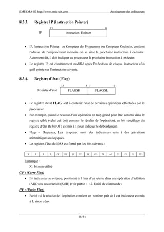 SMI/SMA-S3 http://www.smia-uit.com Architecture des ordinateurs
46/54
8.3.3. Registre IP (Instruction Pointer)
 IP, Instruction Pointer ou Compteur de Programme ou Compteur Ordinale, contient
l'adresse de l'emplacement mémoire où se situe la prochaine instruction à exécuter.
Autrement dit, il doit indiquer au processeur la prochaine instruction à exécuter.
 Le registre IP est constamment modifié après l'exécution de chaque instruction afin
qu'il pointe sur l'instruction suivante.
8.3.4. Registre d’état (Flag)
 Le registre d'état FLAG sert à contenir l'état de certaines opérations effectuées par le
processeur.
 Par exemple, quand le résultat d'une opération est trop grand pour être contenu dans le
registre cible (celui qui doit contenir le résultat de l'opération), un bit spécifique du
registre d'état (le bit OF) est mis à 1 pour indiquer le débordement.
 Flags = Drapeaux, Les drapeaux sont des indicateurs suite à des opérations
arithmétiques ou logiques.
 Le registre d'état du 8088 est formé par les bits suivants :
Remarque :
X : bit non utilisé
CF : (Carry Flag)
 Bit indicateur au retenue, positionné à 1 lors d’un retenu dans une opération d’addition
(ADD) ou soustraction (SUB) (voir partie : 1.2. Unité de commande).
PF : (Parity Flag)
 Parité : si le résultat de l'opération contient un nombre pair de 1 cet indicateur est mis
à 1, sinon zéro.
Instruction Pointer
015
IP
FLAGSH
015
Registre d’état FLAGSL
8 7
X X X X OF DF IF TF SF ZF X AF X PF X CF
 