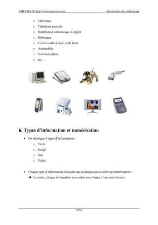 SMI/SMA-S3 http://www.smia-uit.com Architecture des ordinateurs
8/54
o Télévision
o Téléphone portable
o Distributeur automatique d’argent
o Robotique
o Lecteur carte à puce, code barre
o Automobile
o Instrumentation
o etc…
6. Types d’information et numérisation
 On distingue 4 types d’informations :
o Texte
o Image
o Son
o Vidéo
 Chaque type d’information nécessite une technique particulière de numérisation :
 En sortie, chaque information sera codée sous forme d’une suite binaire.
 