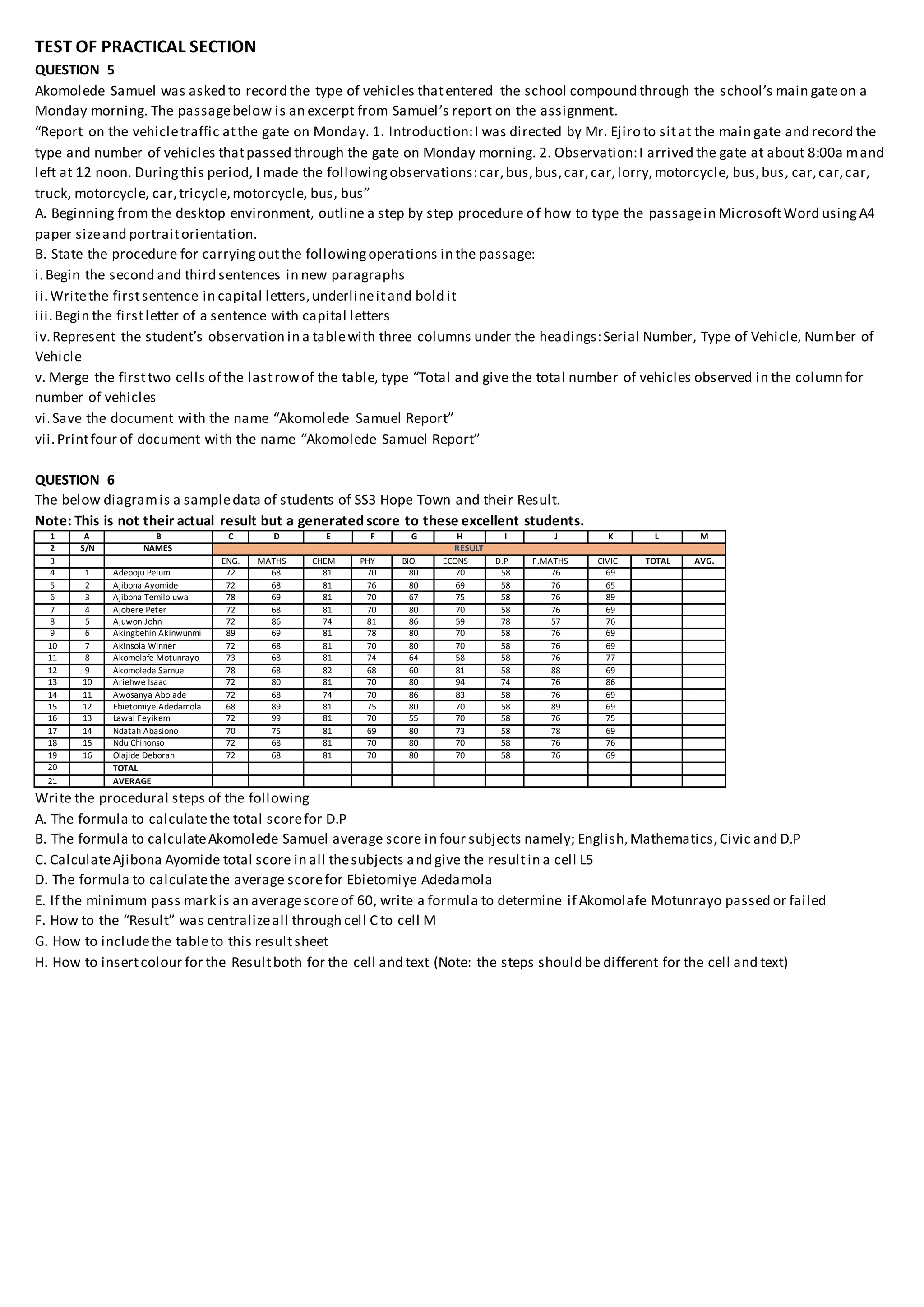 TEST OF PRACTICAL SECTION
QUESTION 5
Akomolede Samuel was asked to record the type of vehicles thatentered the school compound through the school’s main gateon a
Monday morning. The passagebelow is an excerpt from Samuel’s report on the assignment.
“Report on the vehicletraffic atthe gate on Monday. 1. Introduction:I was directed by Mr. Ejiro to sitat the main gate and record the
type and number of vehicles thatpassed through the gate on Monday morning. 2. Observation:I arrived the gate at about 8:00a mand
left at 12 noon. Duringthis period, I made the followingobservations:car,bus,bus,car,car,lorry,motorcycle, bus,bus, car,car,car,
truck, motorcycle, car,tricycle,motorcycle, bus, bus”
A. Beginning from the desktop environment, outline a step by step procedure of how to type the passagein MicrosoftWord usingA4
paper sizeand portraitorientation.
B. State the procedure for carryingoutthe followingoperations in the passage:
i.Begin the second and third sentences in new paragraphs
ii.Writethe firstsentence in capital letters,underlineitand bold it
iii.Begin the firstletter of a sentence with capital letters
iv.Represent the student’s observation in a tablewith three columns under the headings:Serial Number, Type of Vehicle, Number of
Vehicle
v. Merge the firsttwo cells of the lastrowof the table, type “Total and give the total number of vehicles observed in the column for
number of vehicles
vi.Save the document with the name “Akomolede Samuel Report”
vii.Printfour of document with the name “Akomolede Samuel Report”
QUESTION 6
The below diagramis a sampledata of students of SS3 Hope Town and their Result.
Note: This is not their actual result but a generated score to these excellent students.
1 A B C D E F G H I J K L M
2 S/N NAMES RESULT
3 ENG. MATHS CHEM PHY BIO. ECONS D.P F.MATHS CIVIC TOTAL AVG.
4 1 Adepoju Pelumi 72 68 81 70 80 70 58 76 69
5 2 Ajibona Ayomide 72 68 81 76 80 69 58 76 65
6 3 Ajibona Temiloluwa 78 69 81 70 67 75 58 76 89
7 4 Ajobere Peter 72 68 81 70 80 70 58 76 69
8 5 Ajuwon John 72 86 74 81 86 59 78 57 76
9 6 Akingbehin Akinwunmi 89 69 81 78 80 70 58 76 69
10 7 Akinsola Winner 72 68 81 70 80 70 58 76 69
11 8 Akomolafe Motunrayo 73 68 81 74 64 58 58 76 77
12 9 Akomolede Samuel 78 68 82 68 60 81 58 88 69
13 10 Ariehwe Isaac 72 80 81 70 80 94 74 76 86
14 11 Awosanya Abolade 72 68 74 70 86 83 58 76 69
15 12 Ebietomiye Adedamola 68 89 81 75 80 70 58 89 69
16 13 Lawal Feyikemi 72 99 81 70 55 70 58 76 75
17 14 Ndatah Abasiono 70 75 81 69 80 73 58 78 69
18 15 Ndu Chinonso 72 68 81 70 80 70 58 76 76
19 16 Olajide Deborah 72 68 81 70 80 70 58 76 69
20 TOTAL
21 AVERAGE
Write the procedural steps of the following
A. The formula to calculatethe total scorefor D.P
B. The formula to calculateAkomolede Samuel average score in four subjects namely; English,Mathematics,Civic and D.P
C. CalculateAjibona Ayomide total score in all thesubjects and give the resultin a cell L5
D. The formula to calculatethe average scorefor Ebietomiye Adedamola
E. If the minimum pass mark is an averagescoreof 60, write a formula to determine if Akomolafe Motunrayo passed or failed
F. How to the “Result” was centralizeall through cell C to cell M
G. How to includethe tableto this resultsheet
H. How to insertcolour for the Resultboth for the cell and text (Note: the steps should be different for the cell and text)
 
