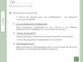 Présentation de la société

              Prestations standards
                     3 niveaux de réponses pour une problématique : une démarche
La société




                     soutenue par l’ADEME

                  Les pré-diagnostics et diagnostics
                     Bilans techniques approfondis ou non, menant à une réflexion
                     opérationnelle et stratégique sur un ensemble de solutions
                  L’étude de faisabilité
                     Analyse technique, économique et organisationnelle d’une solution
                     → Force de proposition et présentation d’une solution
                  L’accompagnement
                     Appui technique et méthodologique pour la mise en place de démarche
                     de gestion et valorisation des déchets organiques



                                                                                         4
 