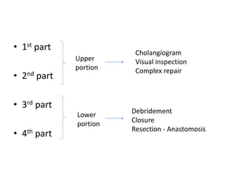 • 1st part
• 2nd part
• 3rd part
• 4th part
Upper
portion
Lower
portion
Cholangiogram
Visual inspection
Complex repair
Debridement
Closure
Resection - Anastomosis
 