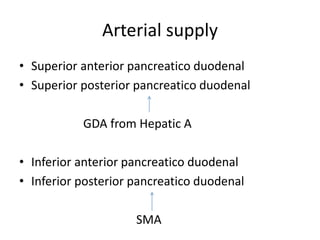 Arterial supply
• Superior anterior pancreatico duodenal
• Superior posterior pancreatico duodenal
GDA from Hepatic A
• Inferior anterior pancreatico duodenal
• Inferior posterior pancreatico duodenal
SMA
 