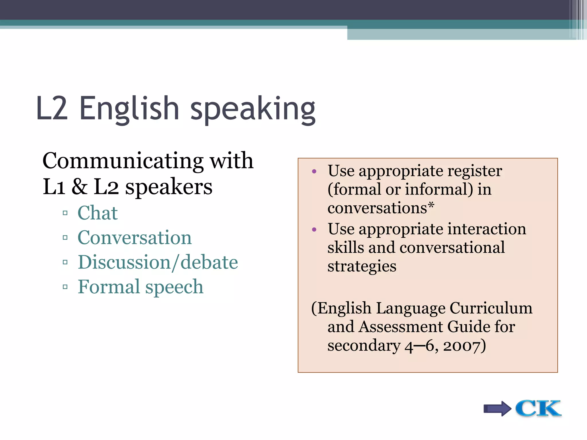 L2 English speaking Communicating with L1 & L2 speakers  Chat Conversation Discussion/debate Formal speech Use appropriate register (formal or informal) in conversations* Use appropriate interaction skills and conversational strategies ( English Language Curriculum and Assessment Guide for secondary 4 ─ 6, 2007) 