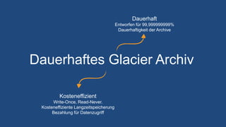 Dauerhaftes Glacier Archiv
Dauerhaft
Entworfen für 99,999999999%
Dauerhaftigkeit der Archive
Kosteneffizient
Write-Once, Read-Never.
Kosteneffiziente Langzeitspeicherung
Bezahlung für Datenzugriff
 