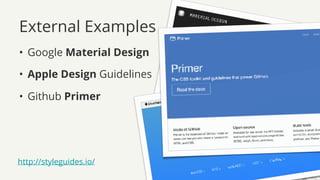 External Examples
• Google Material Design
• Apple Design Guidelines
• Github Primer
http://styleguides.io/
 