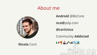About me
Nicola Corti
Android @BizCore
nco@yelp.com
@cortinico
Community Addicted
!🍕🕹🎤📸✈🏞
 