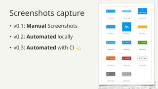 Screenshots capture
• v0.1: Manual Screenshots
• v0.2: Automated locally
• v0.3: Automated with CI 💫
 