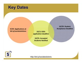 Key Dates



                                                                     10/29: Student 
     9/29: Applications at                                         Acceptance Deadline
Click to edit Master text styles
     bit.ly/socialsolutions
      Second level                        10/11 EOD: 
           Third level                application deadline
                Fourth level
                     Fifth level        10/25: Accepted 
                                        Students Notified




                                   http://bit.ly/socialsolutions
 
