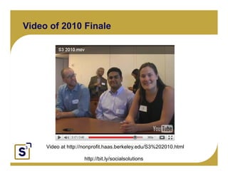 Video of 2010 Finale




Click to edit Master text styles
      Second level
           Third level
                Fourth level
                     Fifth level




              Video at http://nonprofit.haas.berkeley.edu/S3%202010.html

                                   http://bit.ly/socialsolutions
 