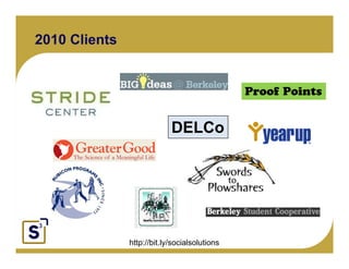 2010 Clients


                                                                   Proof Points


Click to edit Master text styles
      Second level
                                                DELCo
           Third level
                Fourth level
                     Fifth level




                                   http://bit.ly/socialsolutions
 