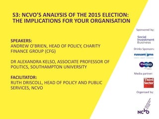 SPEAKERS:
ANDREW O’BRIEN, HEAD OF POLICY, CHARITY
FINANCE GROUP (CFG)
DR ALEXANDRA KELSO, ASSOCIATE PROFESSOR OF
POLITICS, SOUTHAMPTON UNIVERSITY
FACILITATOR:
RUTH DRISCOLL, HEAD OF POLICY AND PUBLIC
SERVICES, NCVO
S3: NCVO’S ANALYSIS OF THE 2015 ELECTION:
THE IMPLICATIONS FOR YOUR ORGANISATION
 
