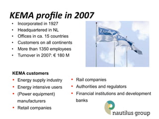 KEMA$proﬁle$in$2007$
•    Incorporated in 1927
•    Headquartered in NL
•    Offices in ca. 15 countries
•    Customers on all continents
•    More than 1350 employees
•    Turnover in 2007: € 180 M



KEMA customers
•  Energy supply industry      •  Rail companies
•  Energy intensive users      •  Authorities and regulators
•  (Power equipment)           •  Financial institutions and development
     manufacturers                 banks
•  Retail companies
 