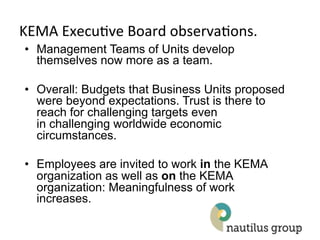 KEMA(Execu2ve(Board(observa2ons.(
•  Management Teams of Units develop
   themselves now more as a team.

•  Overall: Budgets that Business Units proposed
   were beyond expectations. Trust is there to
   reach for challenging targets even
   in challenging worldwide economic
   circumstances.

•  Employees are invited to work in the KEMA
   organization as well as on the KEMA
   organization: Meaningfulness of work
   increases.

                                                   35
 