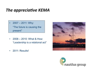 The$apprecia*ve$KEMA$

 •  2007 – 2011: Why:
    “The future is causing the
    present”


 •  2008 – 2010: What & How:
    “Leadership is a relational act”


 •  2011: Results!
 