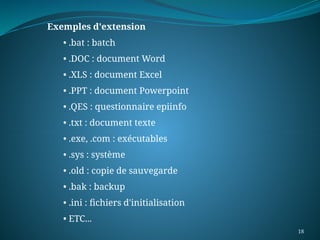 18
Exemples d'extension
• .bat : batch
• .DOC : document Word
• .XLS : document Excel
• .PPT : document Powerpoint
• .QES : questionnaire epiinfo
• .txt : document texte
• .exe, .com : exécutables
• .sys : système
• .old : copie de sauvegarde
• .bak : backup
• .ini : fichiers d'initialisation
• ETC...
 