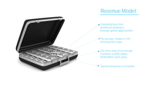 Revenue Model
Consulting fees from
businesses looking to
leverage global opportunities
The pricing / model is 1-5%
of transaction value
Life-time value of an average
Customer is $100 million -
$500million over5 years.
Typical transaction is 6 months
 