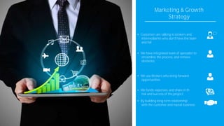 Marketing & Growth
Strategy
• Customers are talking to brokers and
intermediaries
and fail
• We have integrated team of specialist to
streamline the process, and remove
obstacles
• We use Brokers who bring forward
opportunities
• We funds expenses, and share in th
risk and success of the project.
• By building long term relationship
with the customer and repeat business
 