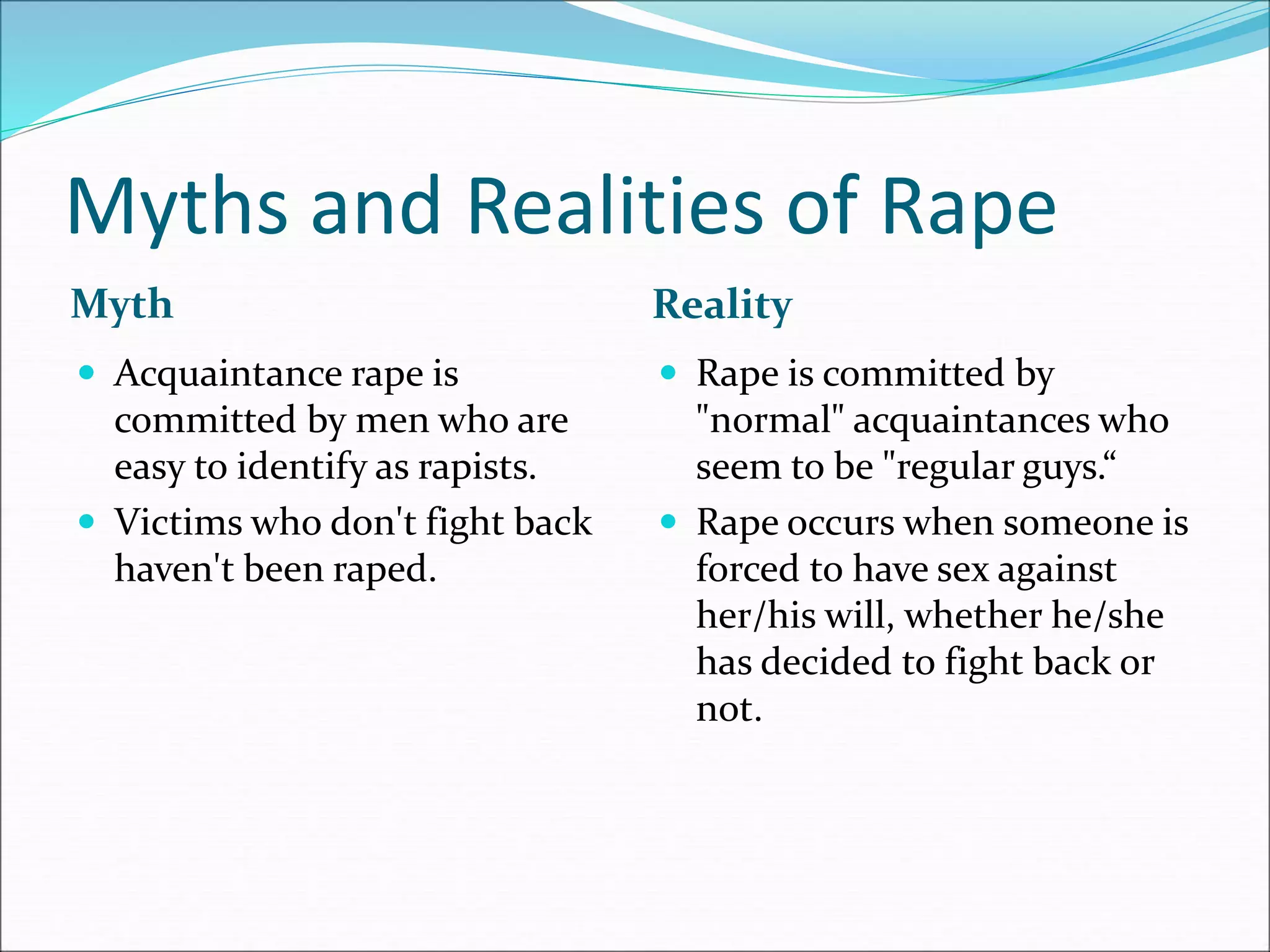 Myths and Realities of Rape
Myth Reality
 Acquaintance rape is
committed by men who are
easy to identify as rapists.
 Victims who don't fight back
haven't been raped.
 Rape is committed by
"normal" acquaintances who
seem to be "regular guys.“
 Rape occurs when someone is
forced to have sex against
her/his will, whether he/she
has decided to fight back or
not.
 