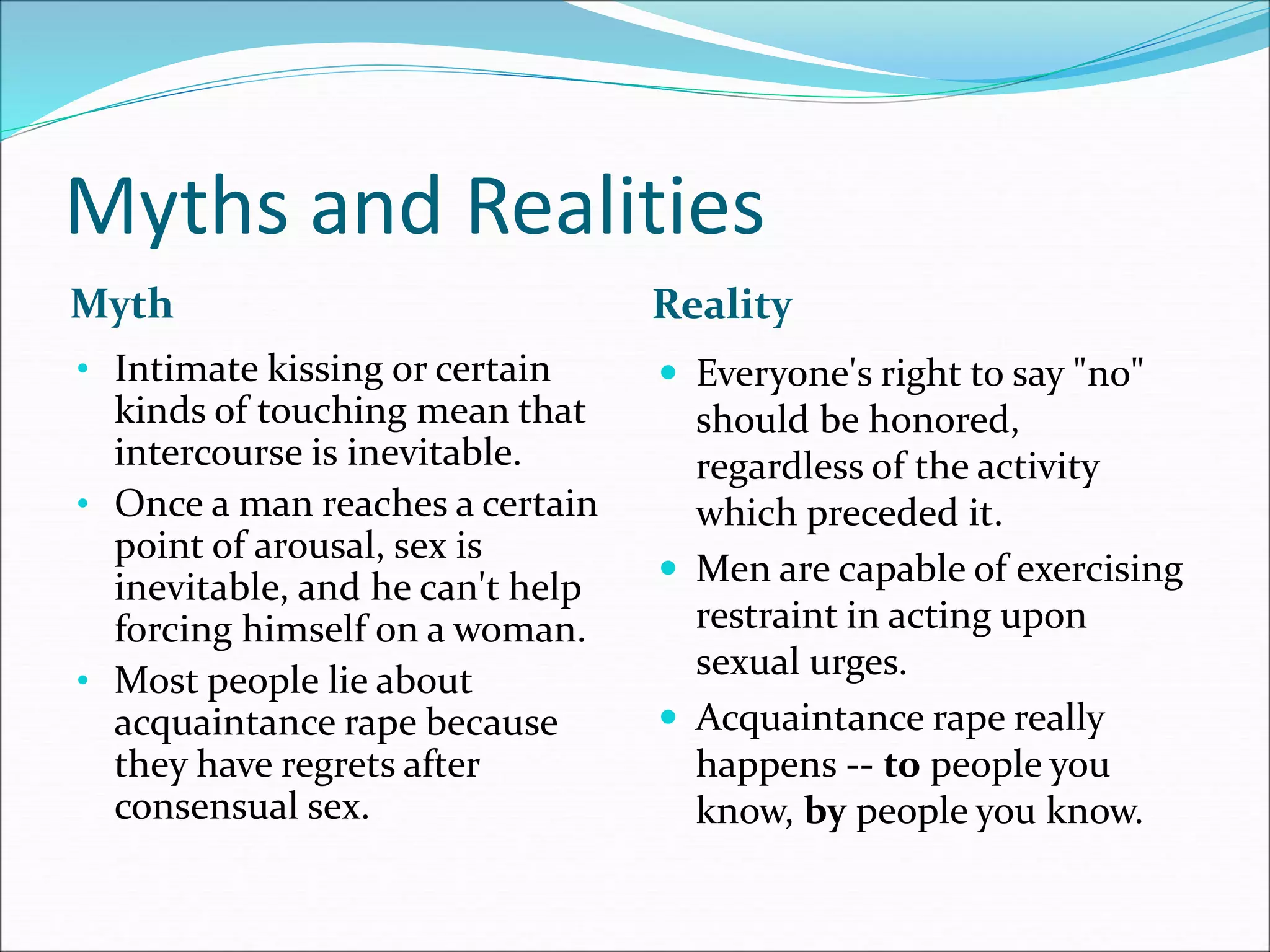 Myths and Realities
Myth Reality
• Intimate kissing or certain
kinds of touching mean that
intercourse is inevitable.
• Once a man reaches a certain
point of arousal, sex is
inevitable, and he can't help
forcing himself on a woman.
• Most people lie about
acquaintance rape because
they have regrets after
consensual sex.
 Everyone's right to say "no"
should be honored,
regardless of the activity
which preceded it.
 Men are capable of exercising
restraint in acting upon
sexual urges.
 Acquaintance rape really
happens -- to people you
know, by people you know.
 