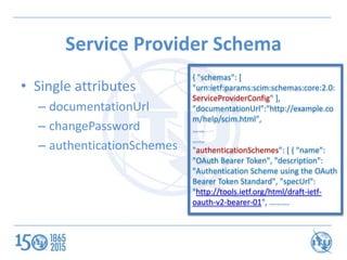 Service Provider Schema
• Single attributes
– documentationUrl
– changePassword
– authenticationSchemes
{ "schemas": [
"ur...