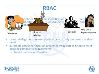 RBAC
• Role-based policies require the identification of roles in the system.
A role is a collection of permissions to use...