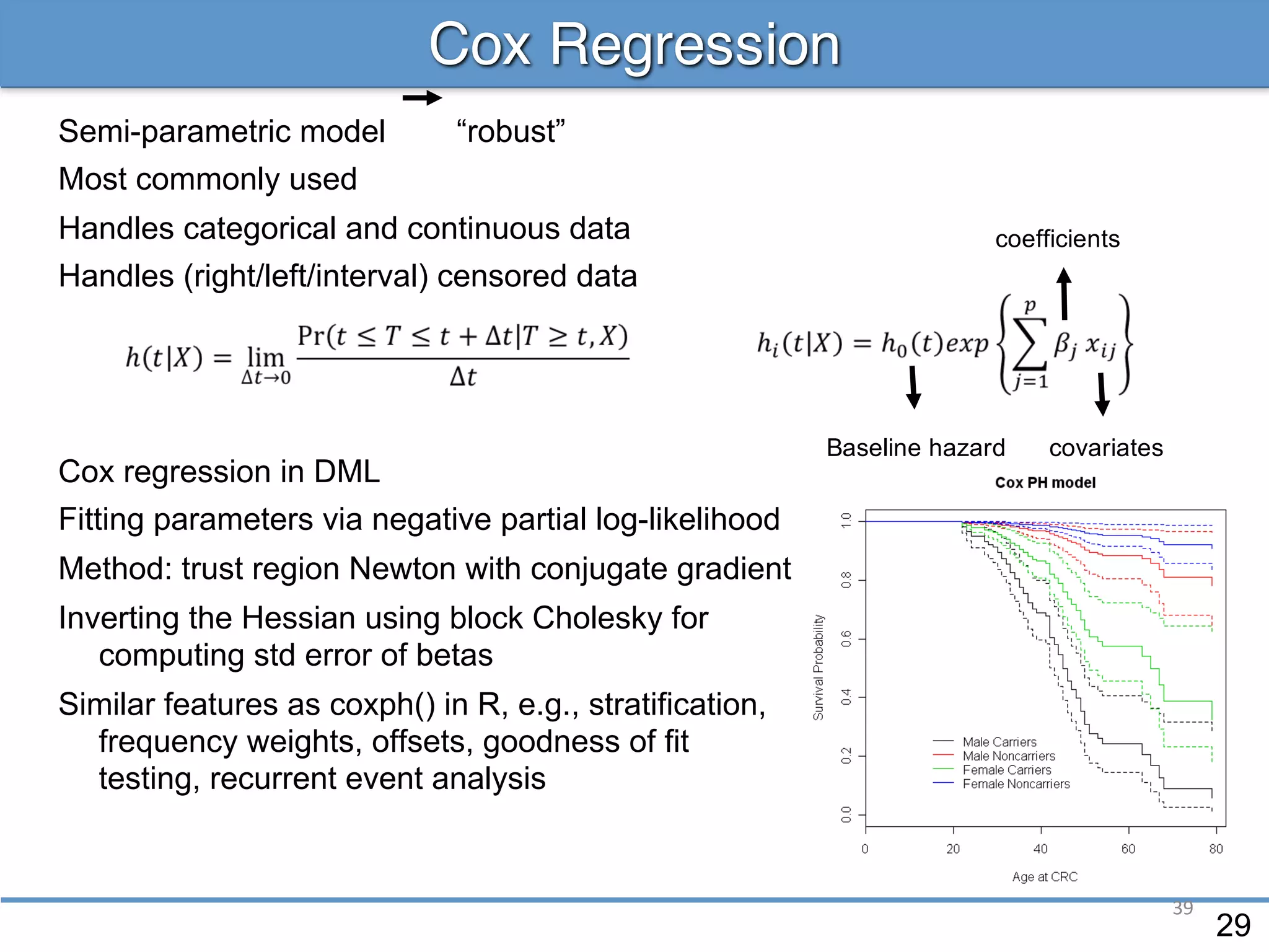 Cox Regression
Semi-parametric model “robust”
Most commonly used
Handles categorical and continuous data
Handles (right/left/interval) censored data
Cox regression in DML
Fitting parameters via negative partial log-likelihood
Method: trust region Newton with conjugate gradient
Inverting the Hessian using block Cholesky for
computing std error of betas
Similar features as coxph() in R, e.g., stratification,
frequency weights, offsets, goodness of fit
testing, recurrent event analysis
Baseline hazard covariates
coefficients
29
39
 
