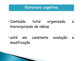  Conteúdo total organizado e
hierarquizado de idéias
 está em constante evolução e
modificação
Estrutura cognitiva
 
