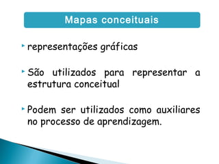  representações gráficas
 São utilizados para representar a
estrutura conceitual
 Podem ser utilizados como auxiliares
no processo de aprendizagem.
Mapas conceituais
 